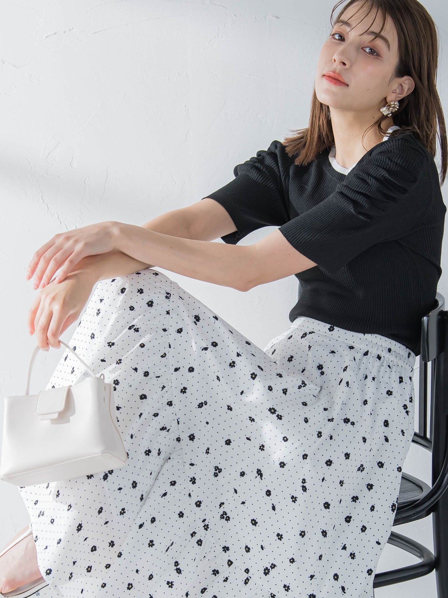 花柄ドットアシメギャザースカート ≪洗濯機で洗える / セットアップ対応≫