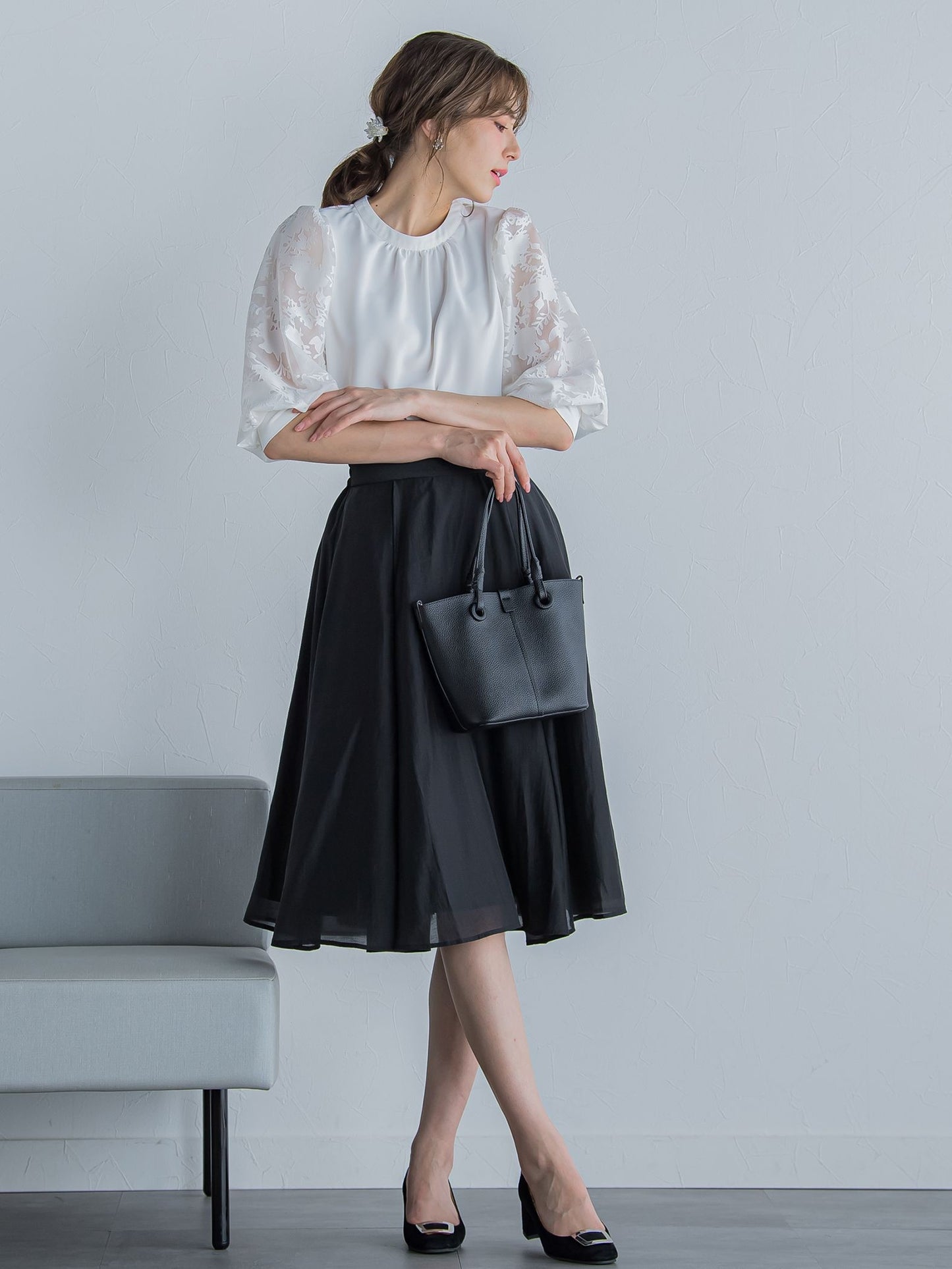 【低身長向けプチサイズ】タックフレア女優スカート ≪洗濯機で洗える≫