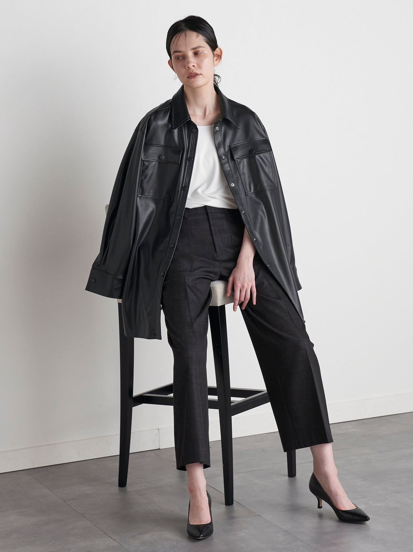 【大きいサイズ】【VEAGAN LEATHER】オーバーサイズレザーCPOシャツジャケット≪サスティナブル≫