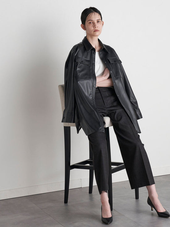 【大きいサイズ】【VEAGAN LEATHER】オーバーサイズレザーCPOシャツジャケット≪サスティナブル≫