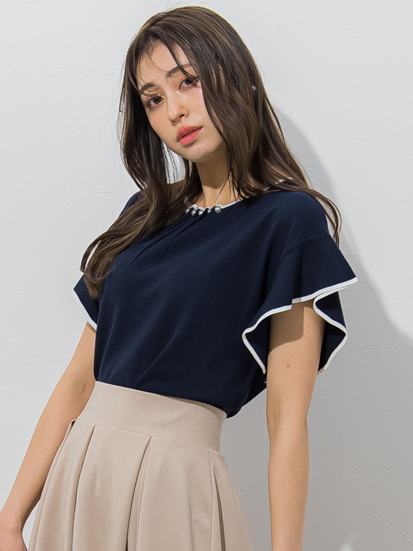 【大きいサイズ】【WEB別注】ラッフルスリーブ配色プルオーバー≪手洗い可能/接触冷感≫
