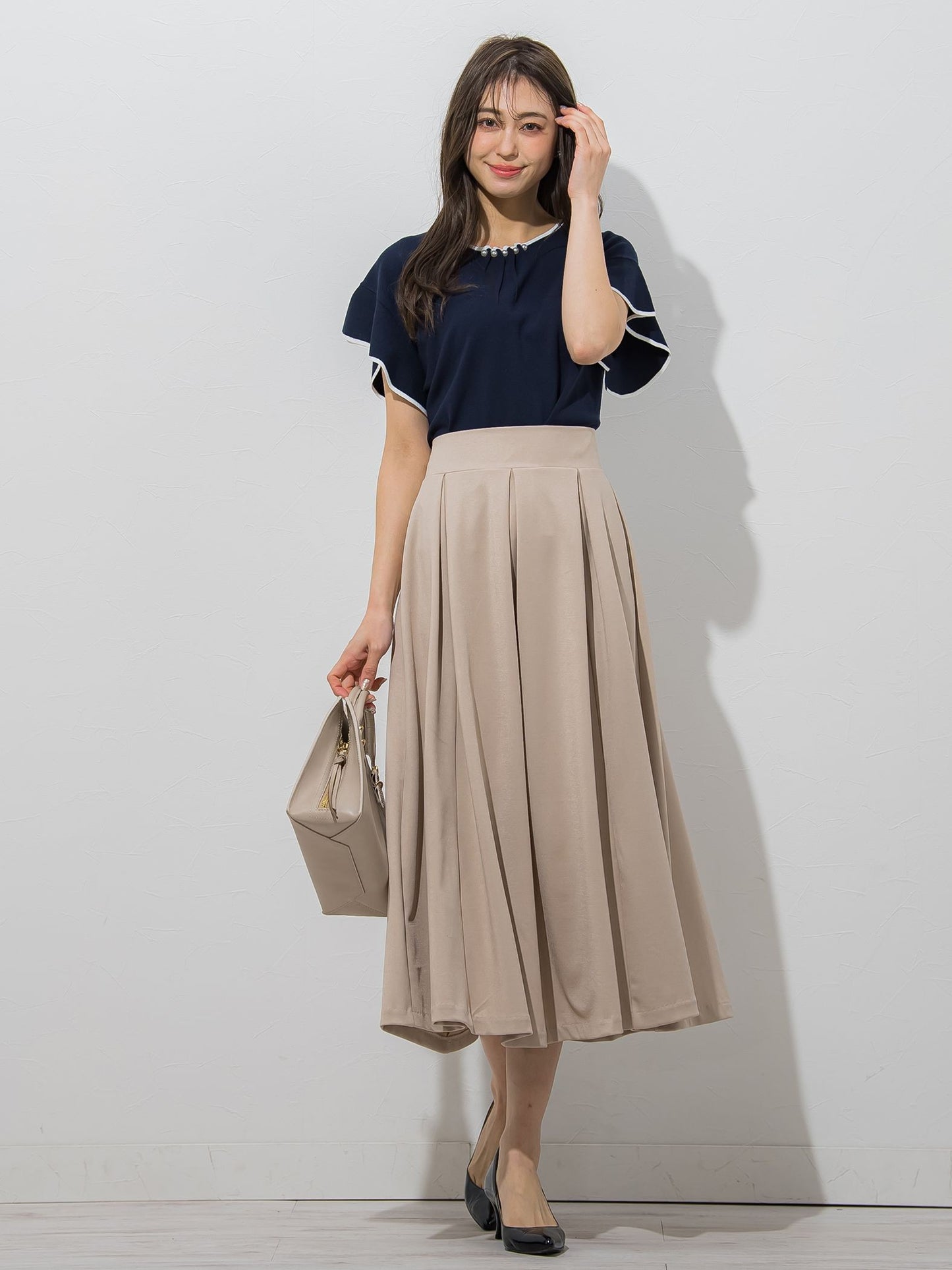 【大きいサイズ】【WEB別注】ラッフルスリーブ配色プルオーバー≪手洗い可能/接触冷感≫
