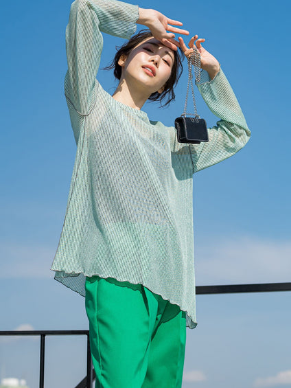 【コーディネートにこなれ感をプラス】ストライプシアーTシャツ《手洗い可能》