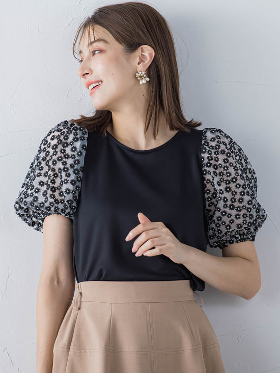チュール刺繍ドッキングカットソー ≪手洗い可能≫