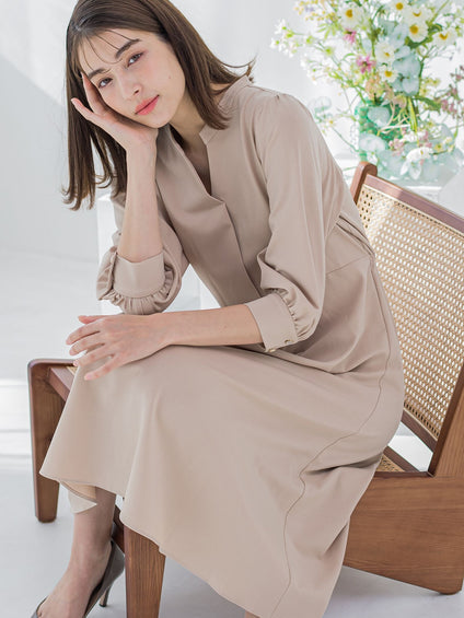 美シルエット比翼Vネックワンピース ≪洗濯機で洗える≫