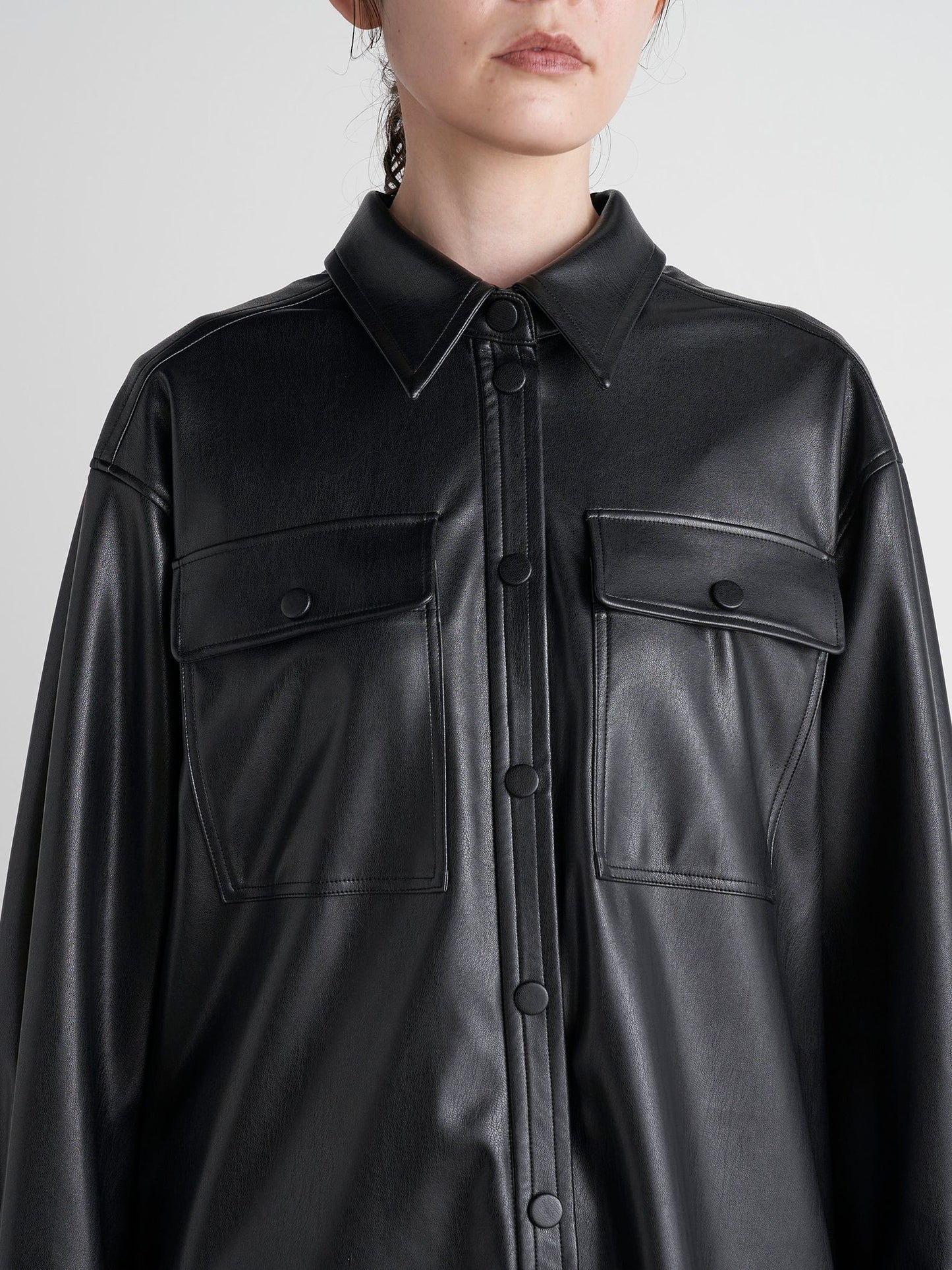 【大きいサイズ】【VEAGAN LEATHER】オーバーサイズレザーCPOシャツジャケット≪サスティナブル≫