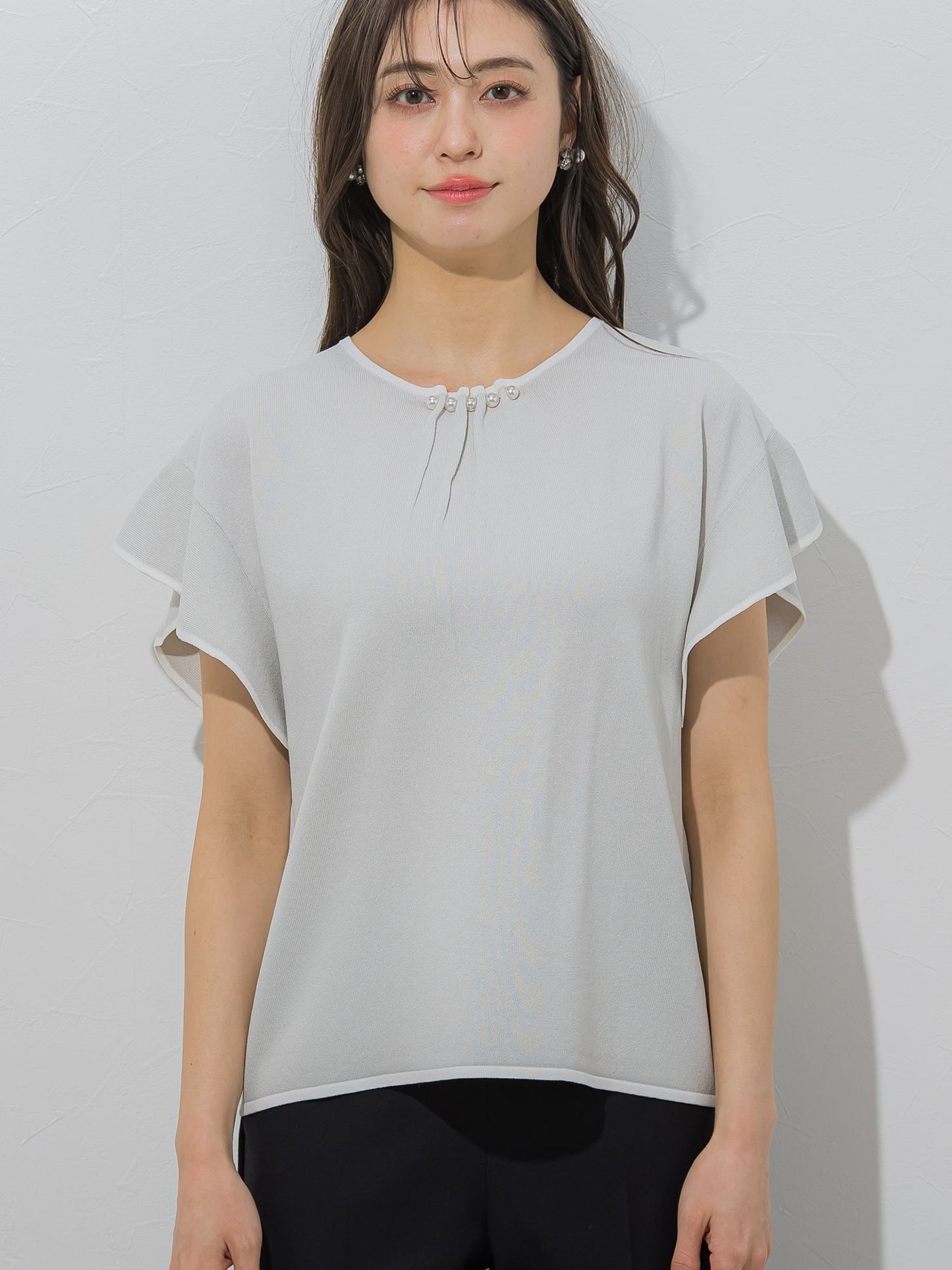 【大きいサイズ】【WEB別注】ラッフルスリーブ配色プルオーバー≪手洗い可能/接触冷感≫