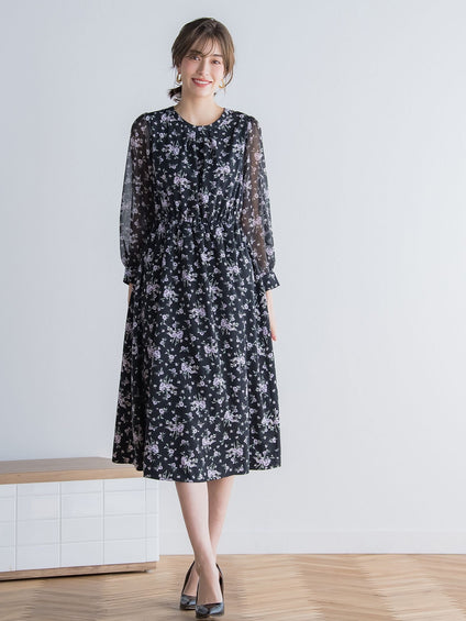 花柄シフォンワンピース ≪洗濯機で洗える≫