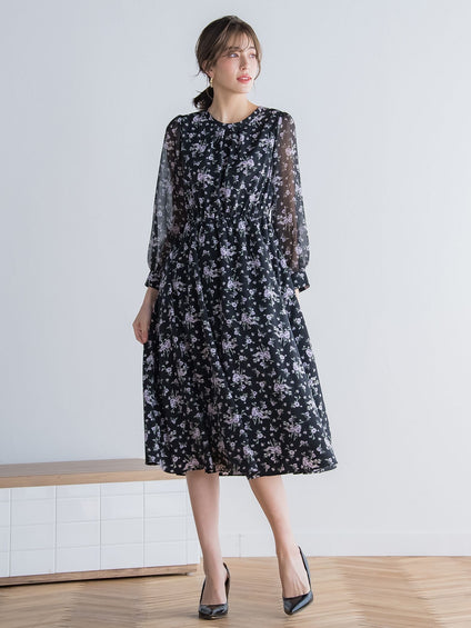 花柄シフォンワンピース ≪洗濯機で洗える≫