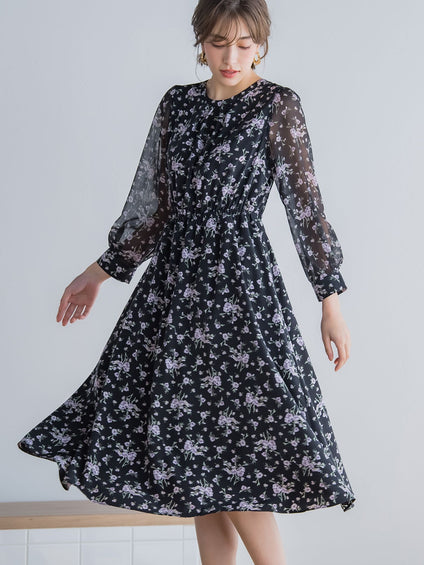 花柄シフォンワンピース ≪洗濯機で洗える≫
