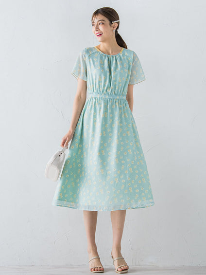 小花柄シアーワンピース ≪洗濯機で洗える≫