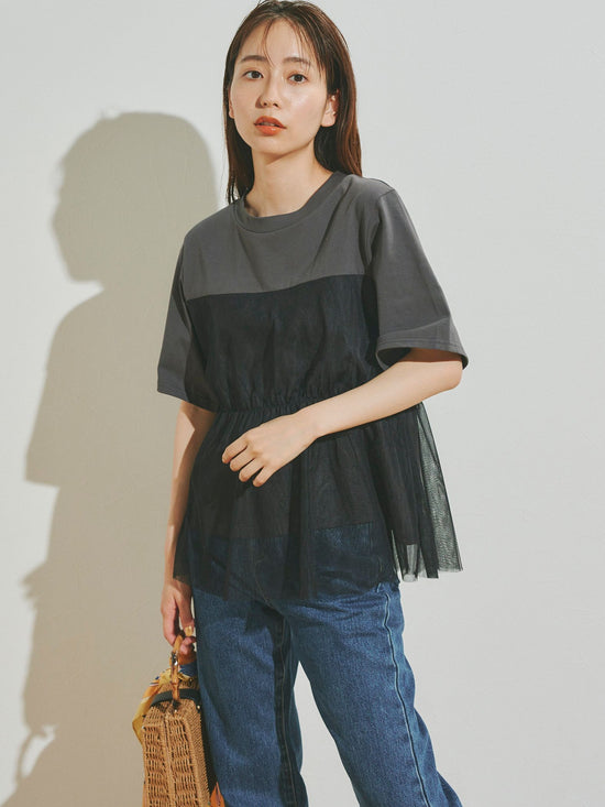 チュールレイヤード風カットソー　≪手洗い可能≫