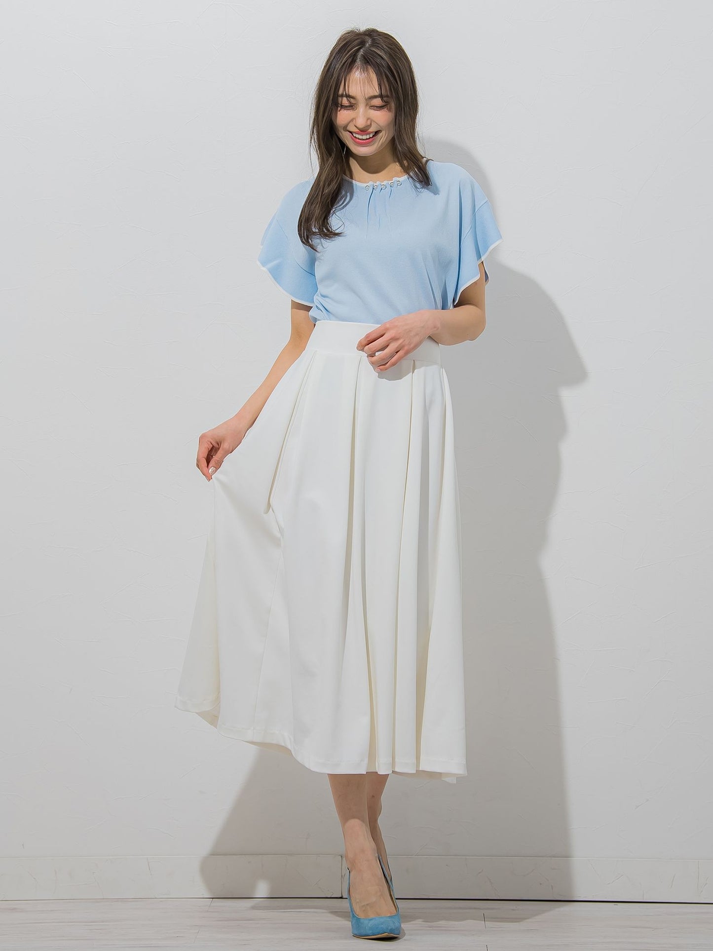 【大きいサイズ】【WEB別注】ラッフルスリーブ配色プルオーバー≪手洗い可能/接触冷感≫