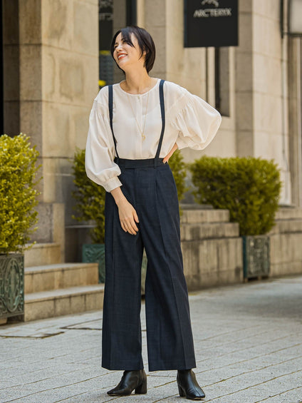 【おとなデニム】サスペンダー付きワイドパンツ≪洗える≫