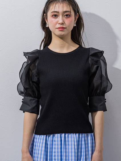 オーガンジー袖フリルプルオーバー≪接触冷感≫