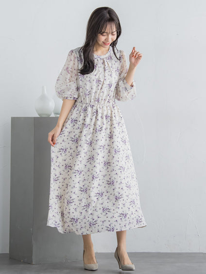 花柄シフォンワンピース ≪洗濯機で洗える≫