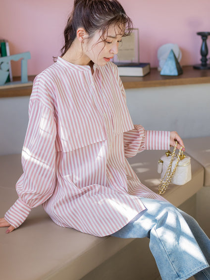 【動きのあるフリルで鮮度アップ】ストライプシャツ《手洗い可能》