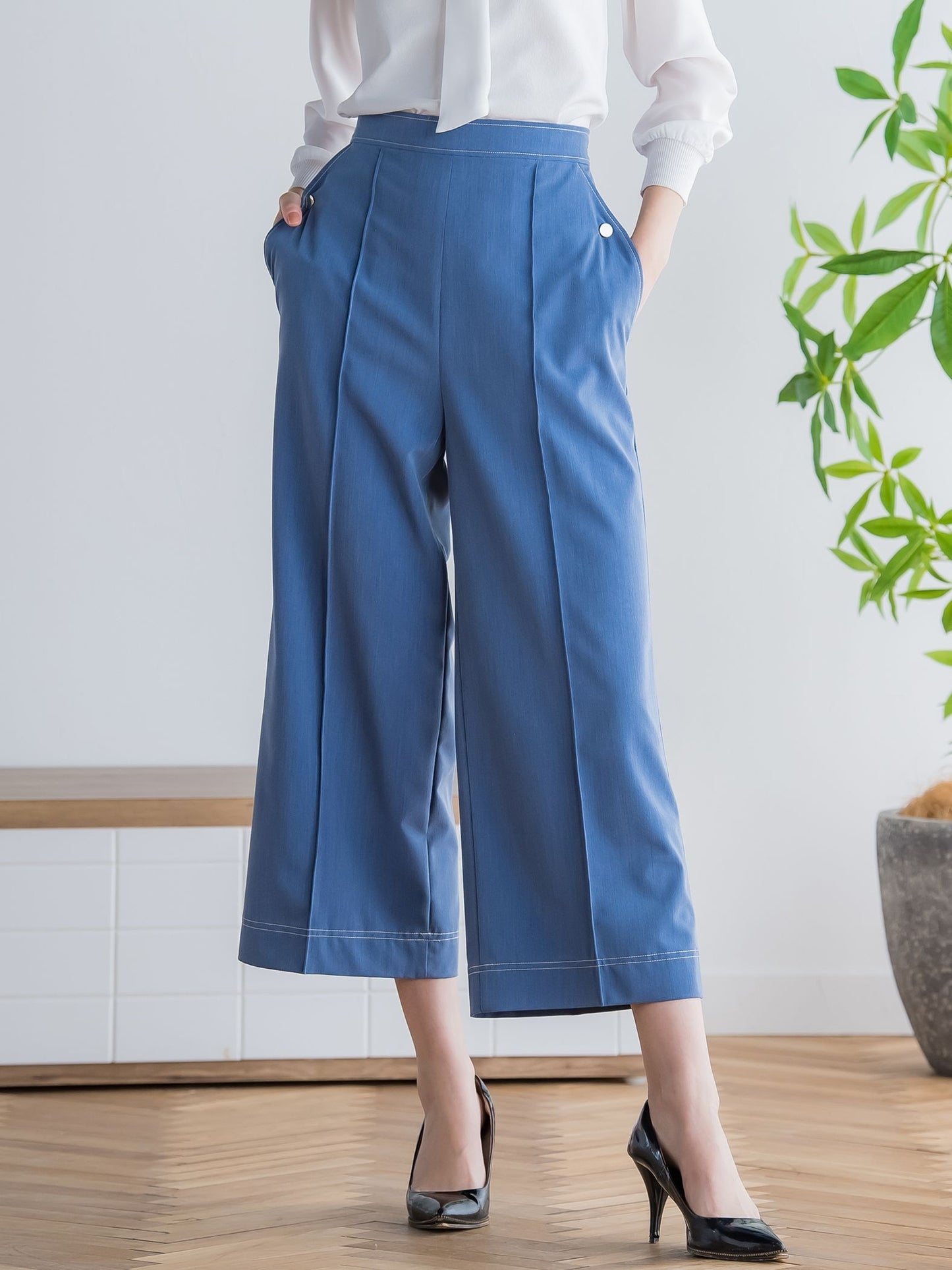 配色ステッチダンガリーストレートパンツ ≪洗濯機で洗える≫