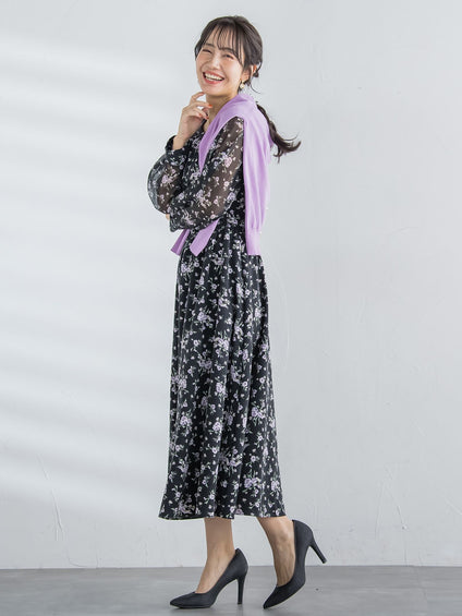 花柄シフォンワンピース ≪洗濯機で洗える≫