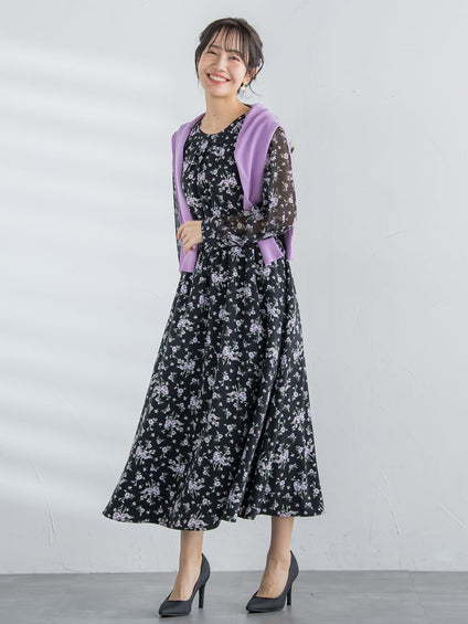 花柄シフォンワンピース ≪洗濯機で洗える≫