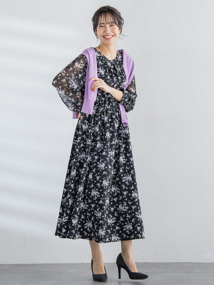 花柄シフォンワンピース ≪洗濯機で洗える≫