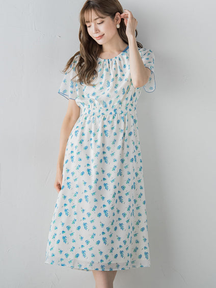 小花柄シアーワンピース ≪洗濯機で洗える≫