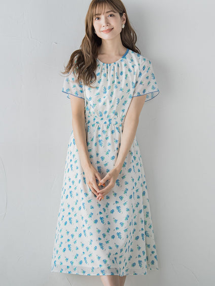 小花柄シアーワンピース ≪洗濯機で洗える≫