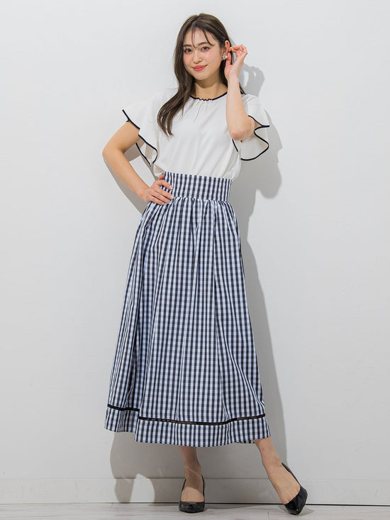 【大きいサイズ】【WEB別注】ラッフルスリーブ配色プルオーバー≪手洗い可能/接触冷感≫