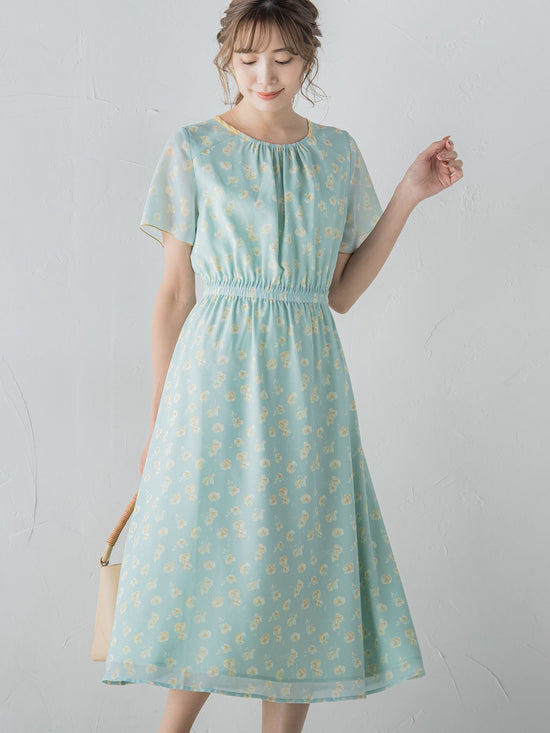 小花柄シアーワンピース ≪洗濯機で洗える≫