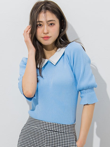 衿付きパフスリーブニット≪手洗い可能/接触冷感≫