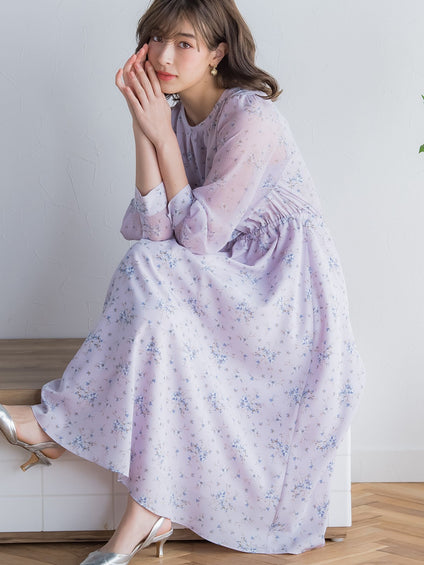 花柄シフォンワンピース ≪洗濯機で洗える≫