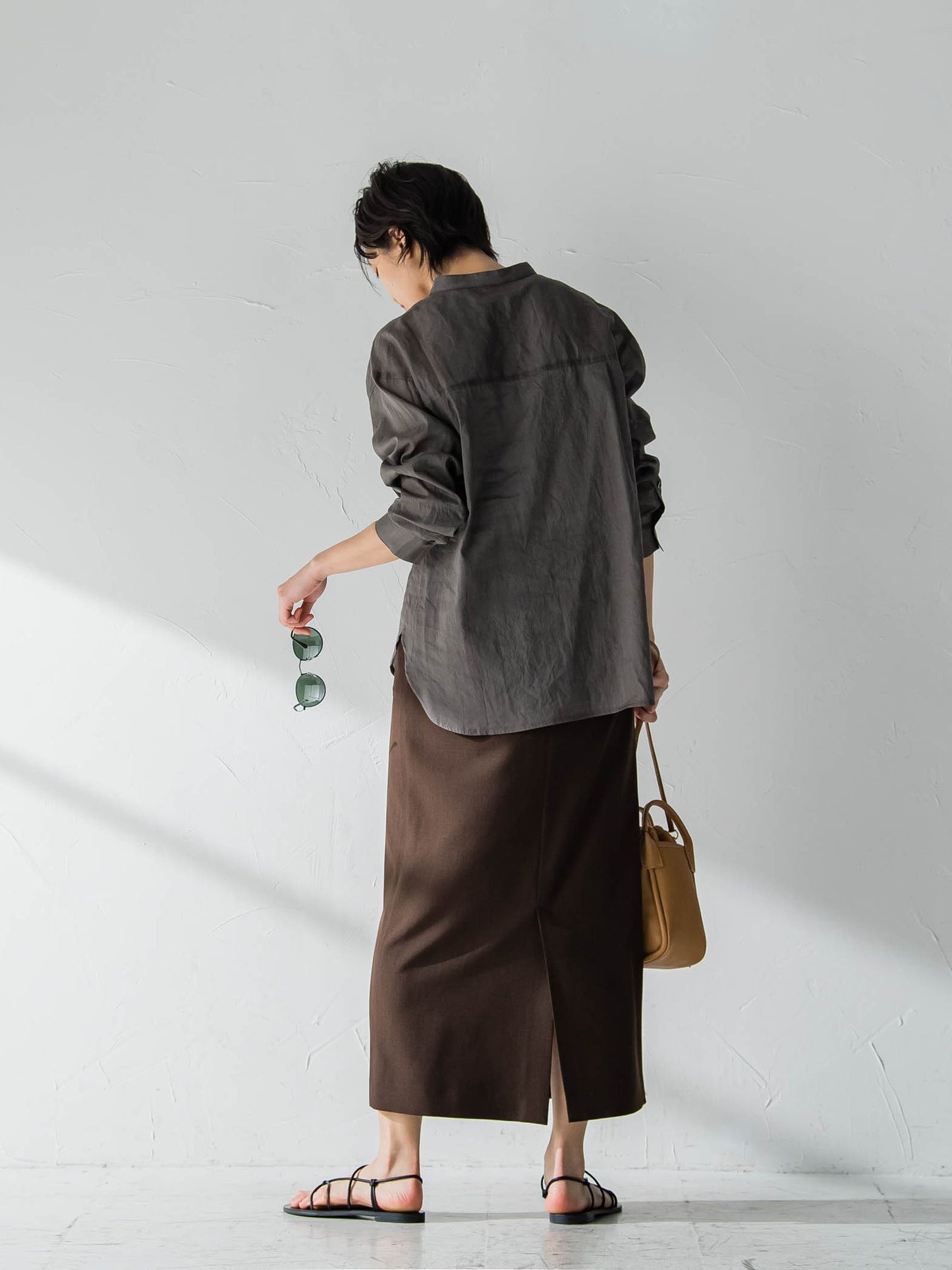麻ブレンドシアーバンドカラーシャツ≪洗濯機で洗える≫