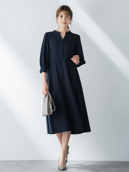 美シルエット比翼Vネックワンピース ≪洗濯機で洗える≫